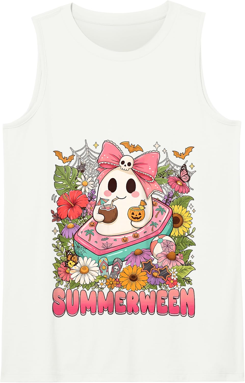summerween Ghost Halloween Summer Flowers Funny Tank Top - White