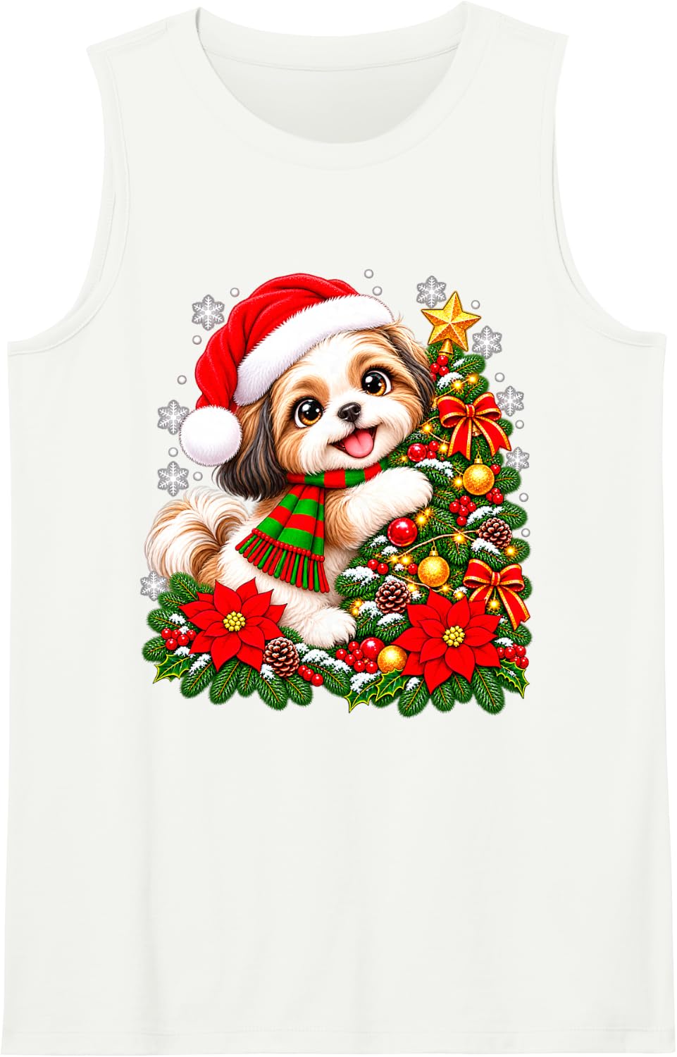 Christmas Tree Shih Tzu Santa Hat Men Women Kids Sleeveless Tank Top - White