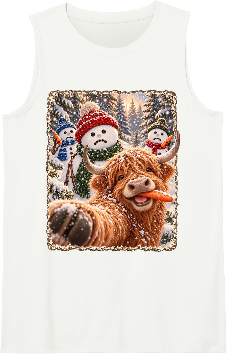 Funny Highland Cow Playful Christmas Snowman Selfie Sleeveless Tank Top - White