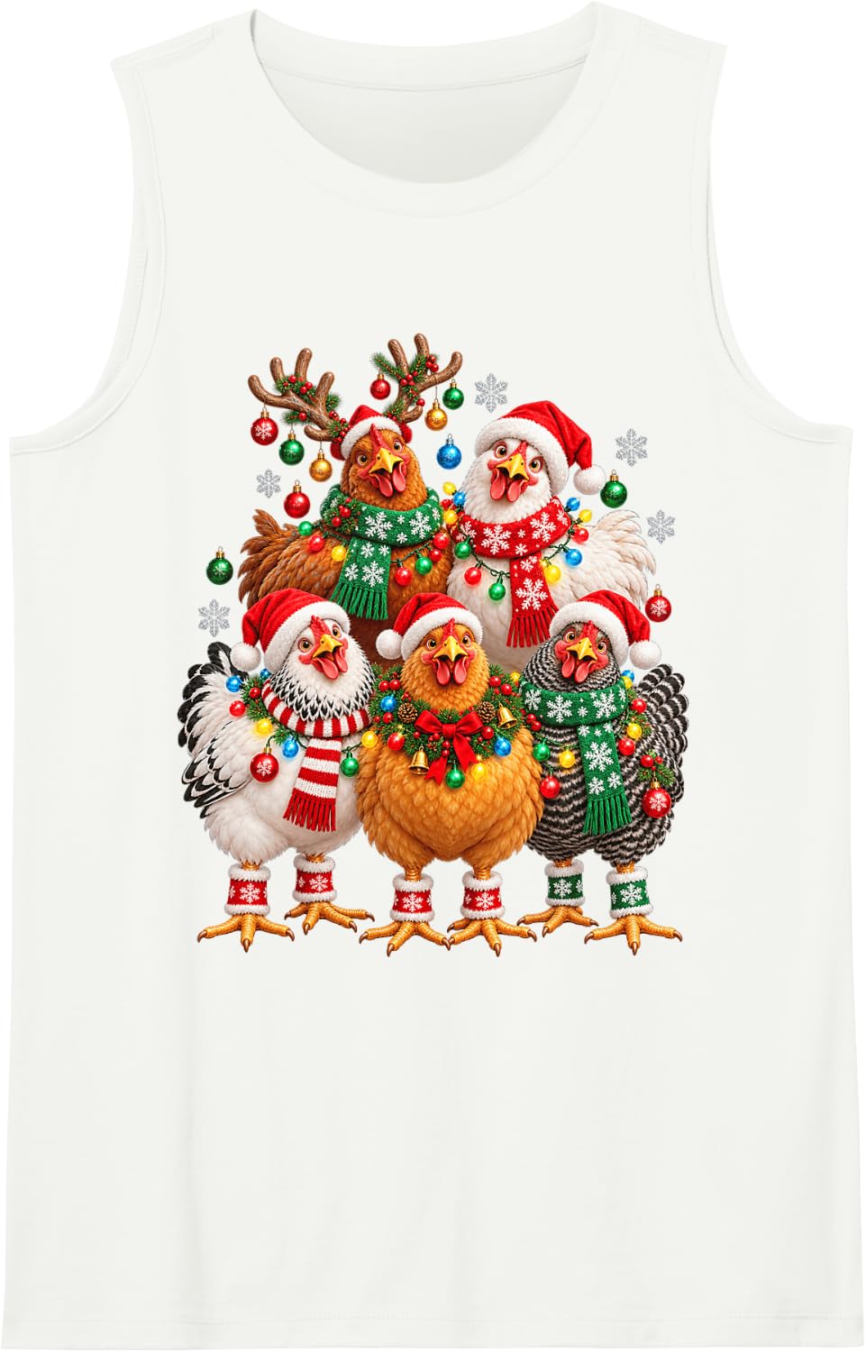 Christmas Lights Chicken Santa Funny Xmas Trees Sleeveless Tank Top - White