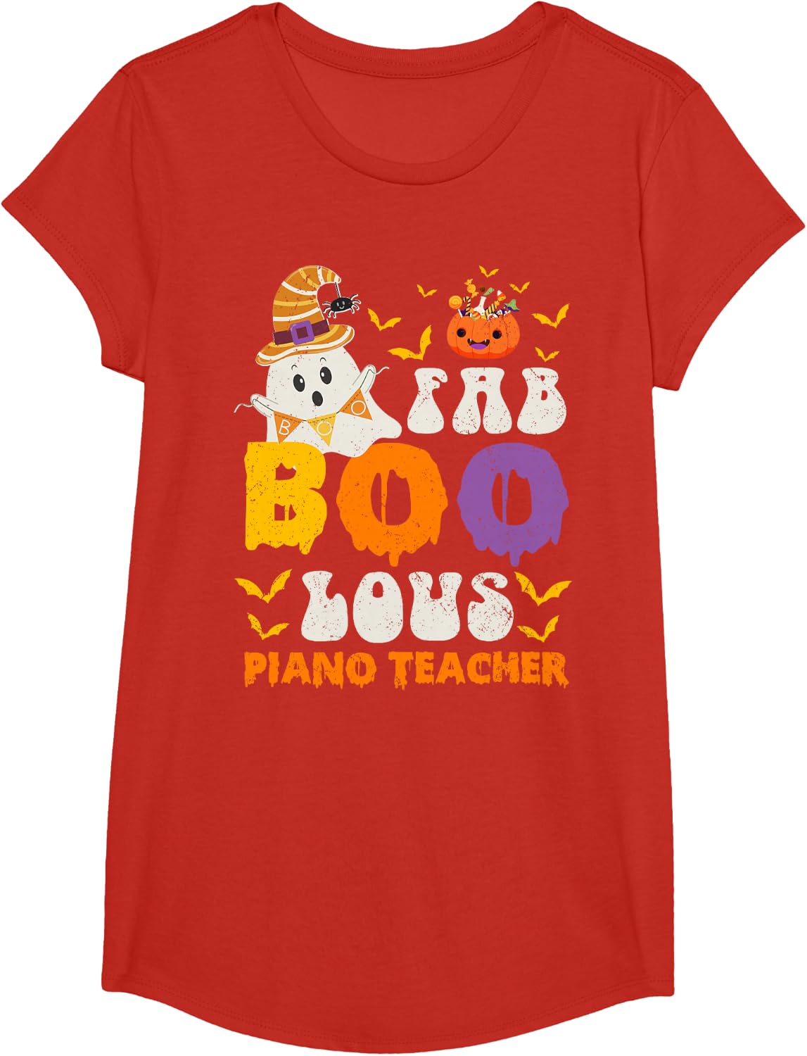 Faboolous Piano Teacher Ghost Halloween Fun T-Shirt - Girls Red