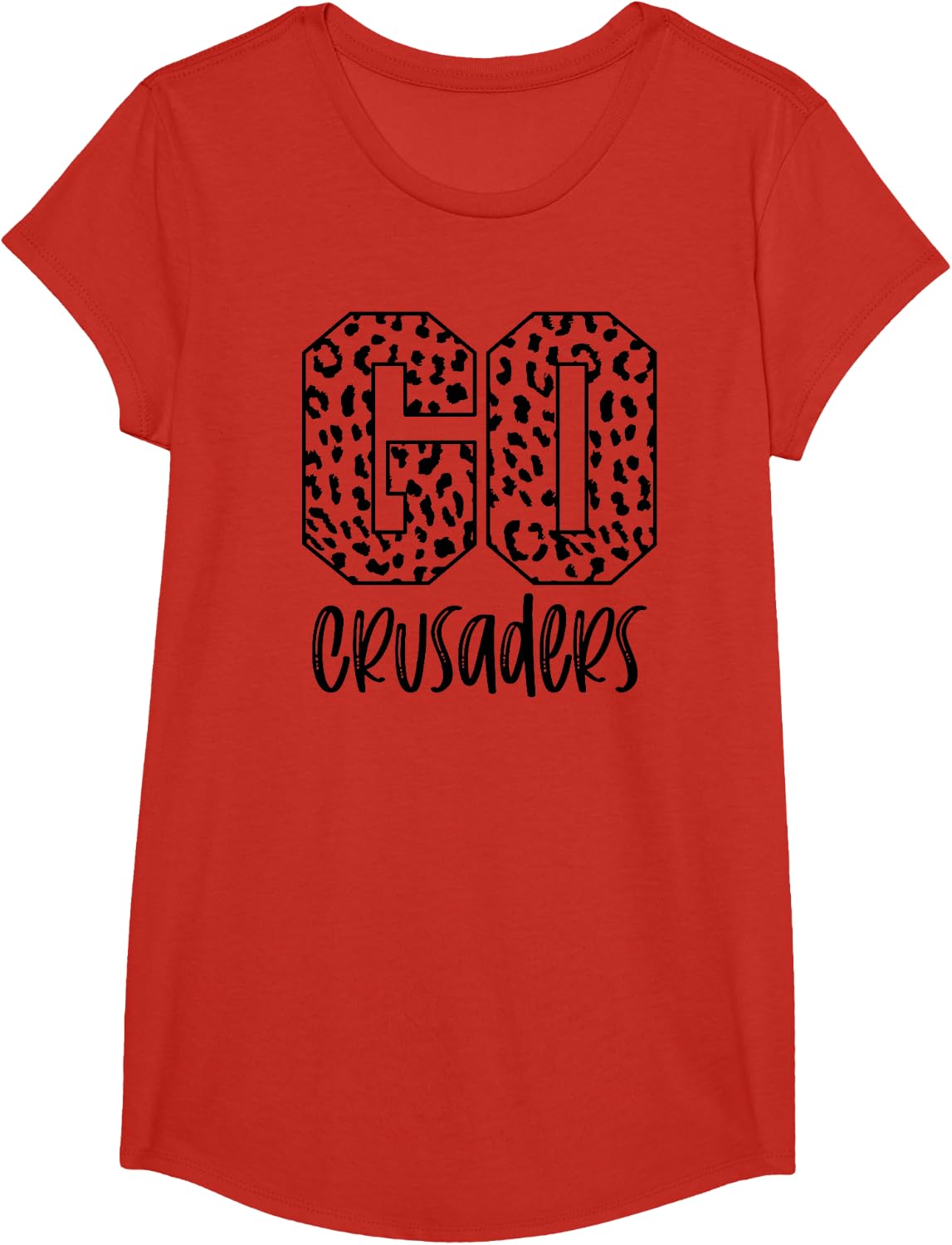 Crusaders Team Mascot School Spirit Game Night Leopard Print T-Shirt - Girls Red