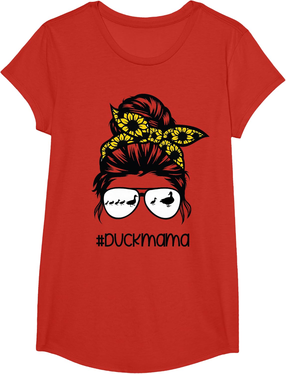 Duck Mama Messy Bun Sunflower Shirt for Women Girls Funny Duck Mom Tee T-Shirt - Girls Red