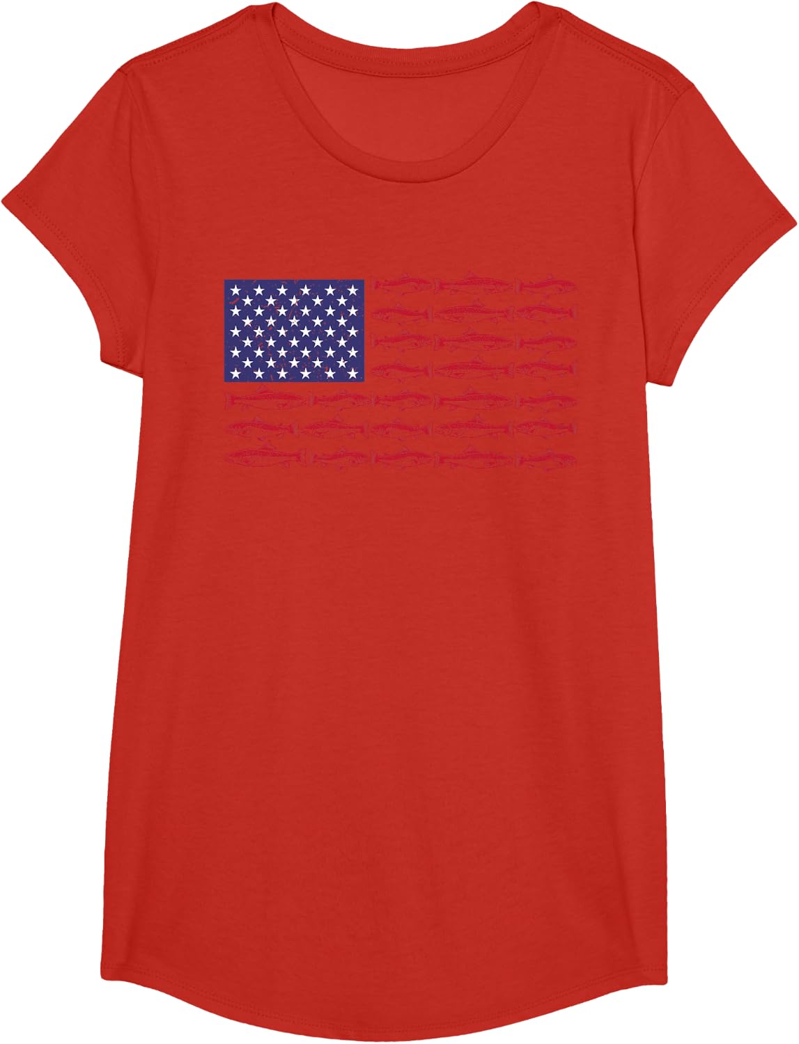 Fishing American Flag Boy Men Largemouth Bass Fish Patriotic T-Shirt - Girls Red