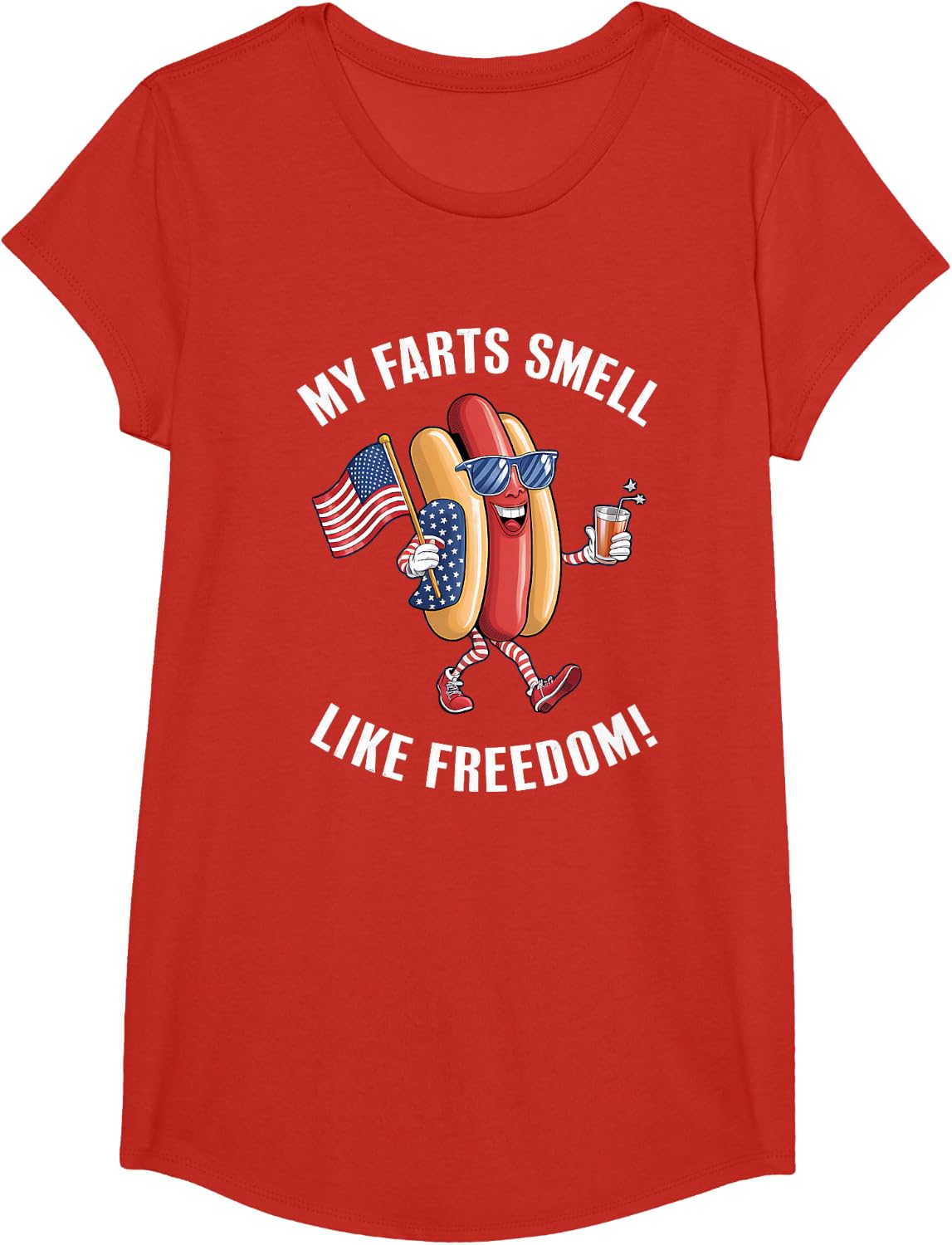 My Farts Smell Like Freedom Funny hotdog Patriotic Graphic T-Shirt - Girls Red
