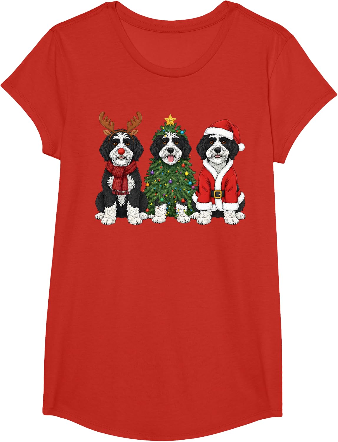 Retro Christmas Sheepadoodle Santa Reindeer Dog Lover T-Shirt - Girls Red