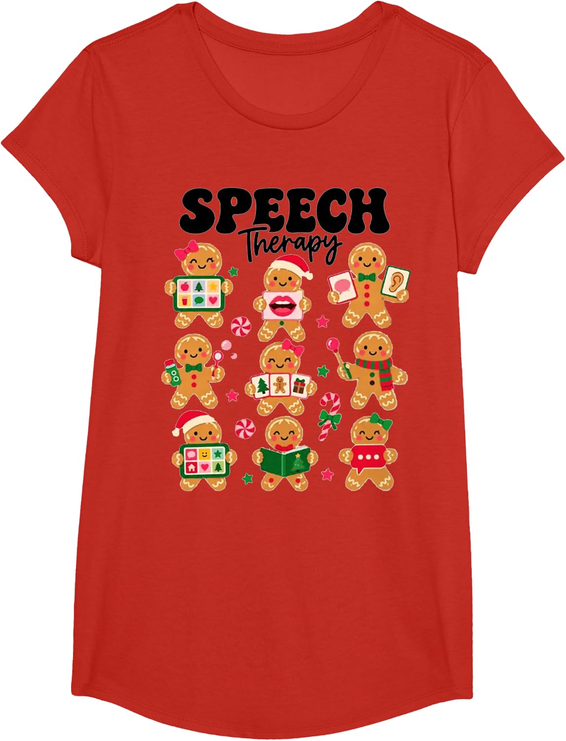 SLP Speech Language Pathologist Santa Gingerbread Christmas T-Shirt - Girls Red