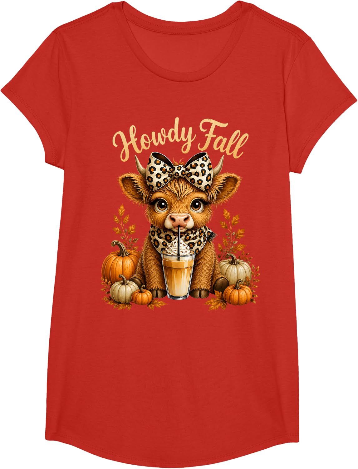 Fall Highland Cow T-Shirt Women Howdy Pumpkin Spice Autumn Tees Leopard Bow - Girls Red