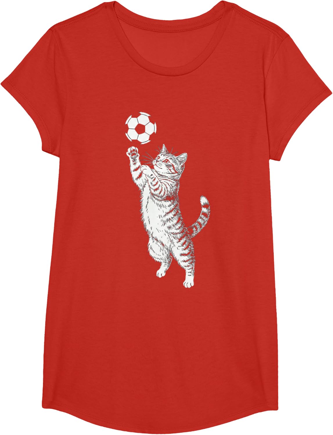 Cute Black and White Vintage Tabby Cat Kitten Playing Soccer Tee T-Shirt - Girls Red