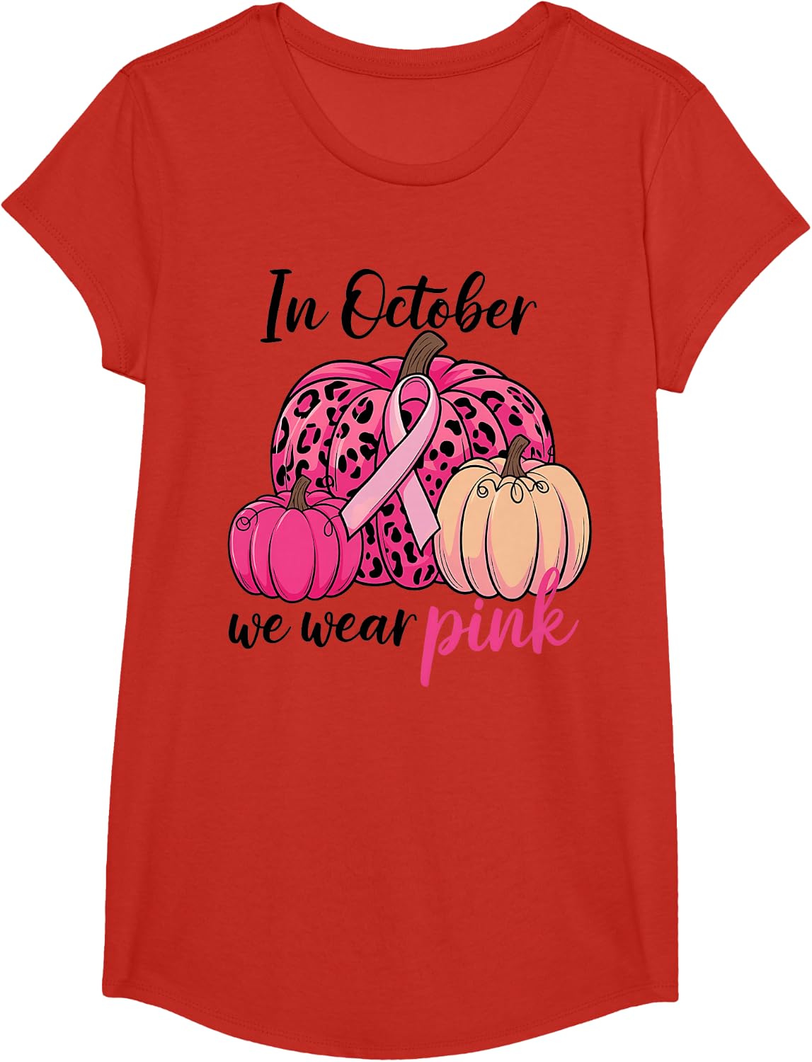 in October We Wear Pink Pumpkin Leopard Breast Cancer Awareness T Shirt Tee - Girls Red