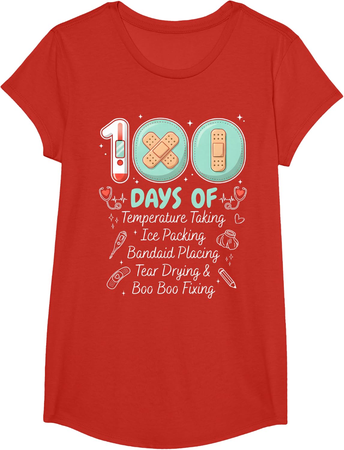 School Nurse Crew 100 Days of Temperature Taking Ice Packing T-Shirt - Girls Red