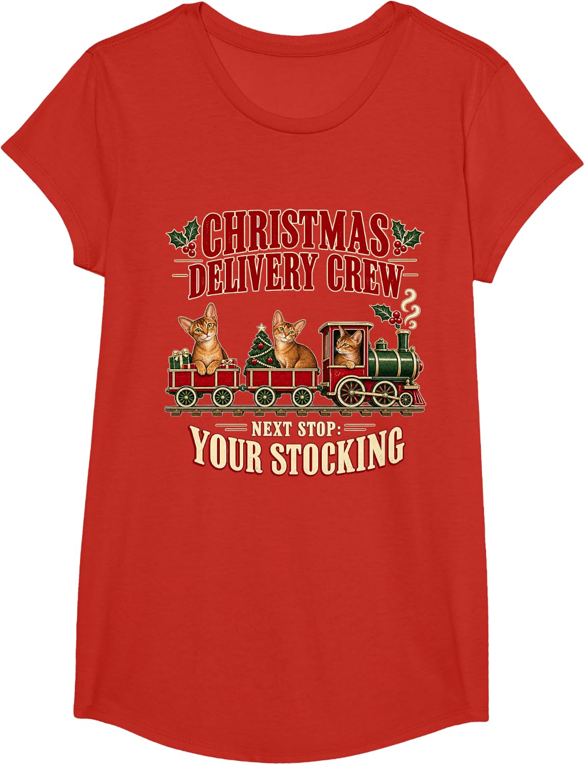 Abyssinian Cat Christmas Tree Railroad T-Shirt - Girls Red