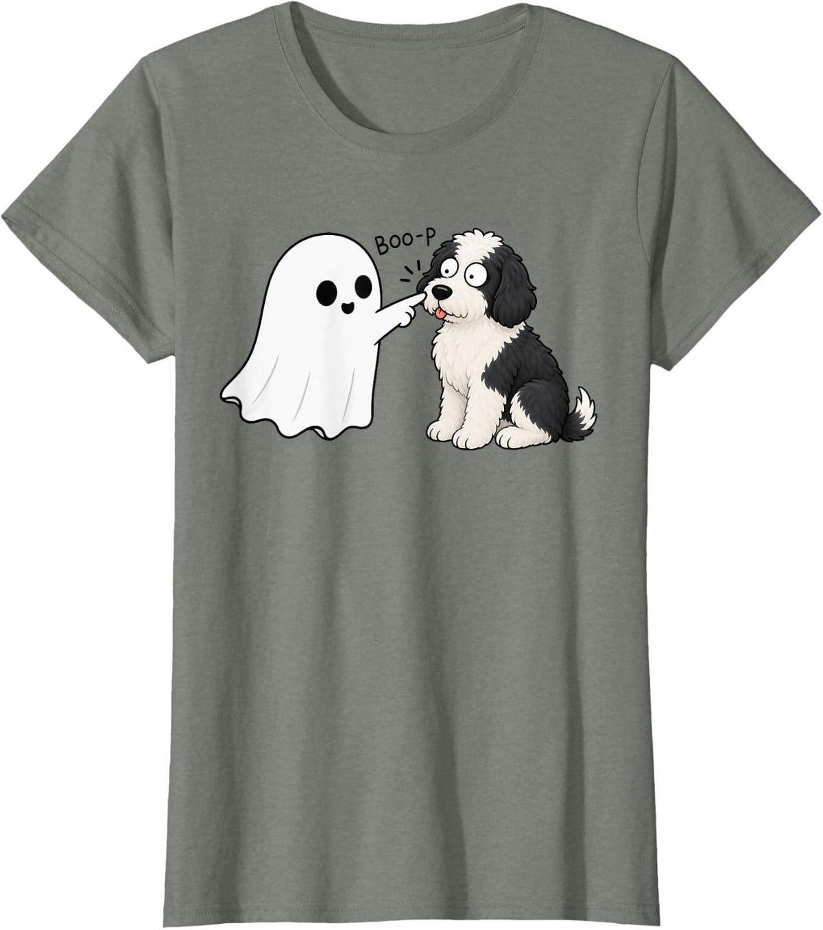 Cute Sheepadoodle Doodle Dog Boop Ghost Halloween T-Shirt - Olive Heather