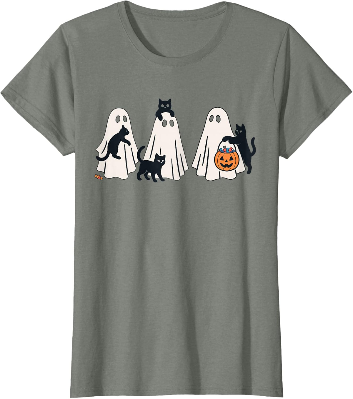 Cute Black Cats and Ghosts Funny Halloween Costume T-Shirt - Olive Heather