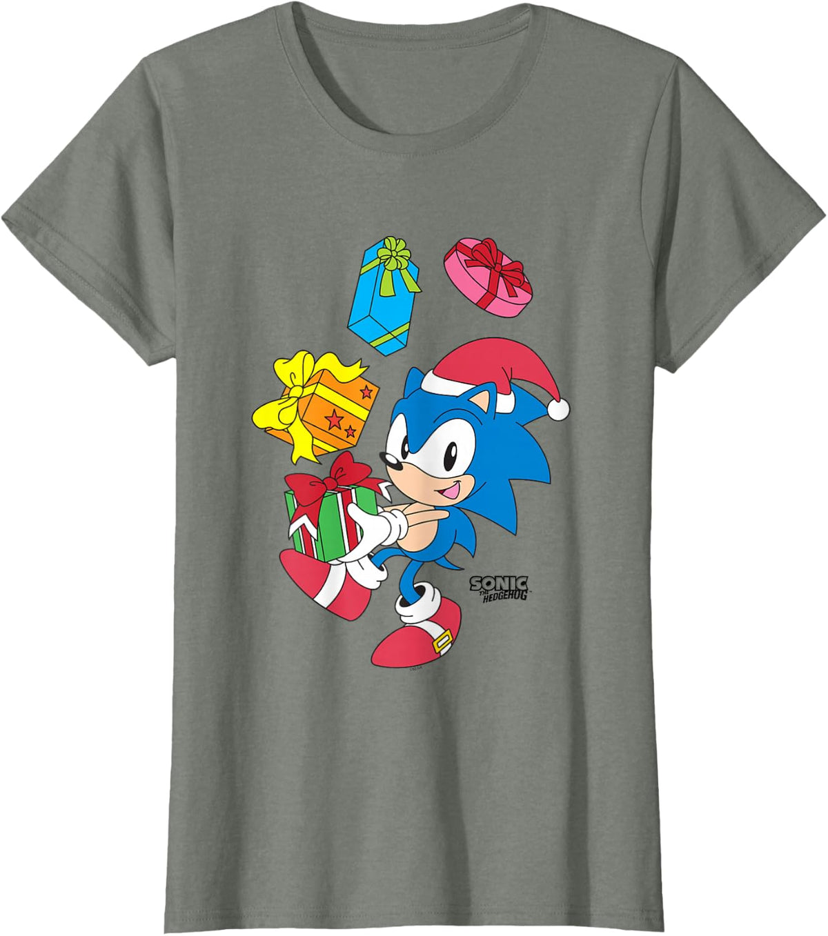 Sonic The Hedgehog Christmas Sonic Juggling Presents T-Shirt - Olive Heather