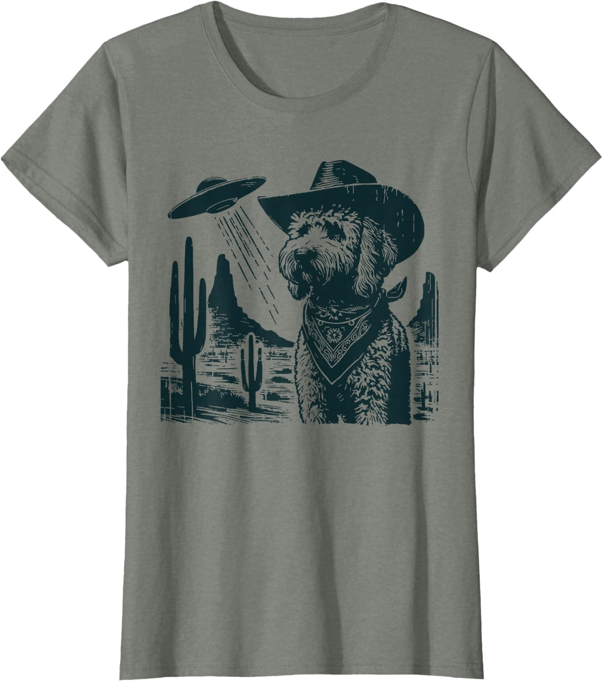 Vintage Golden Doodle UFO Western Cowboy Doodle Dog T-Shirt - Olive Heather