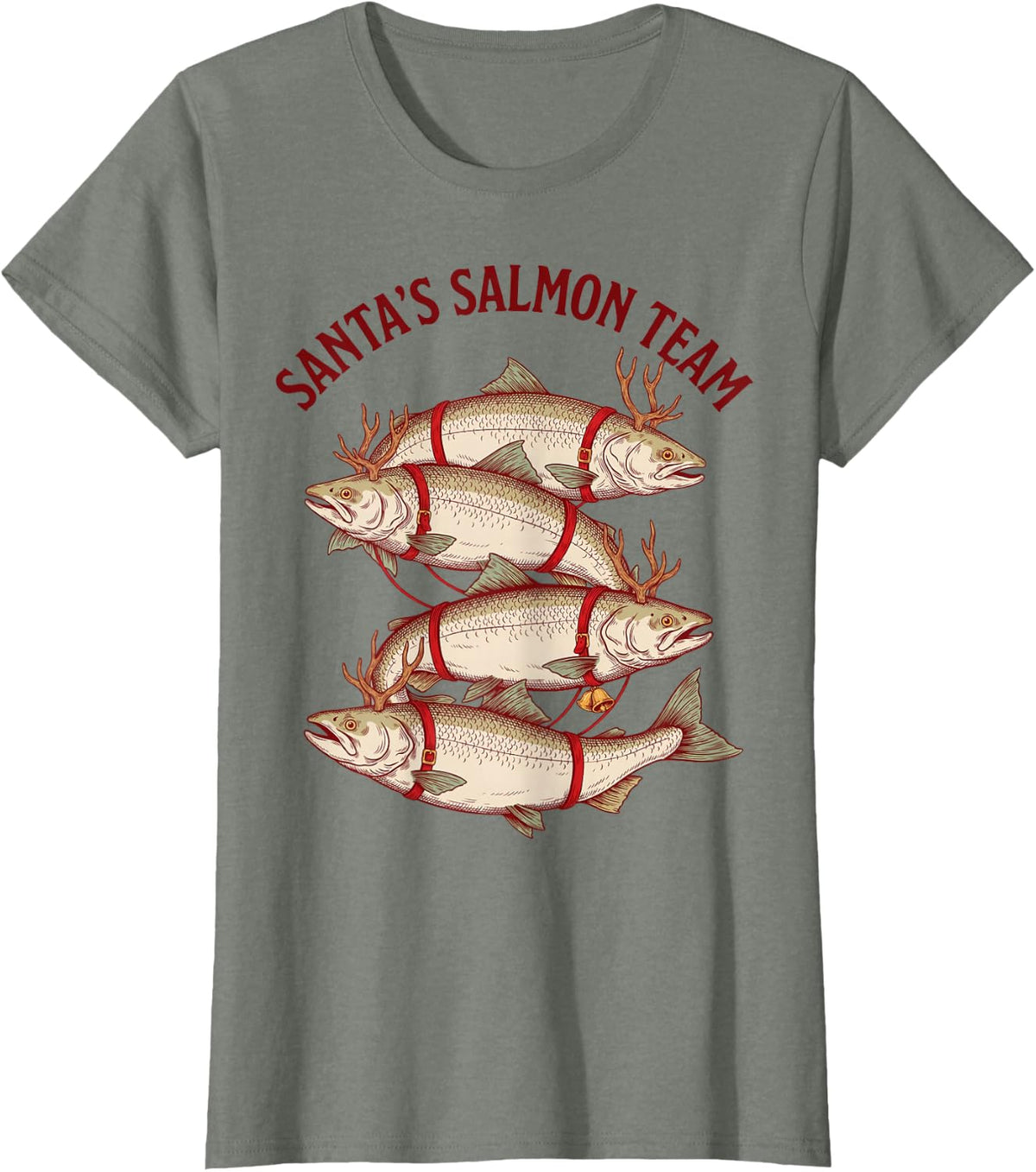 Santas Salmon Team Funny Xmas Salmon Fishing Angler T-Shirt - Olive Heather