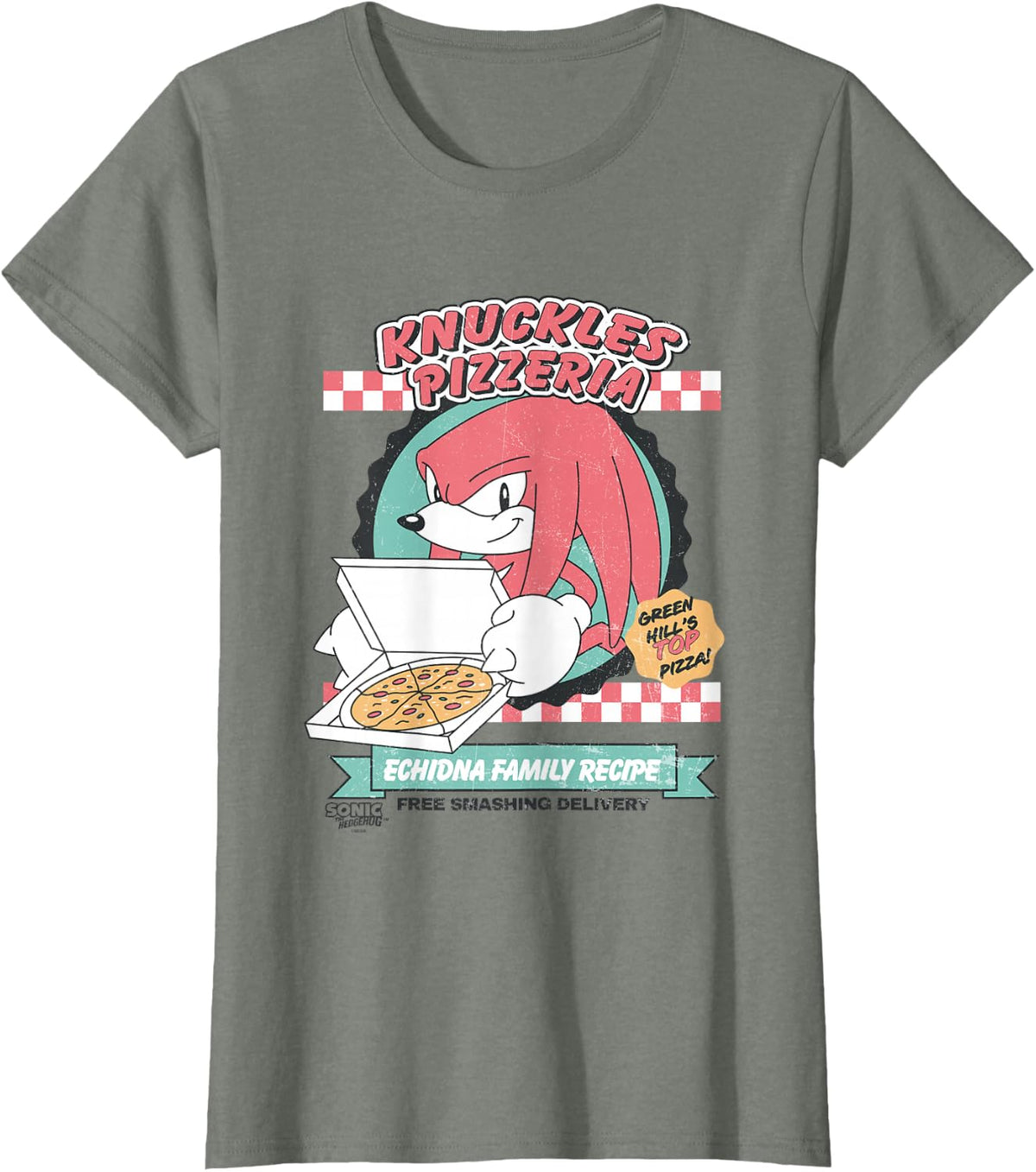 Sonic The Hedgehog Knuckles Pizzeria Vintage Restaurant Ad T-Shirt - Olive Heather