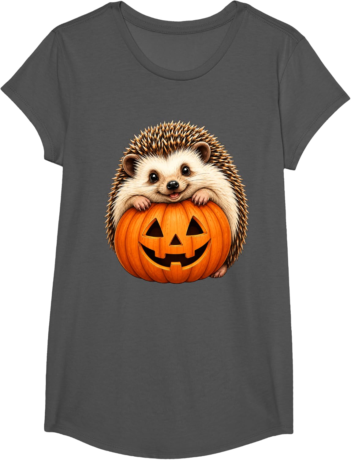 Cute Hedgehog Jack O Lantern Pumpkin Halloween T-Shirt - Girls Asphalt Grey