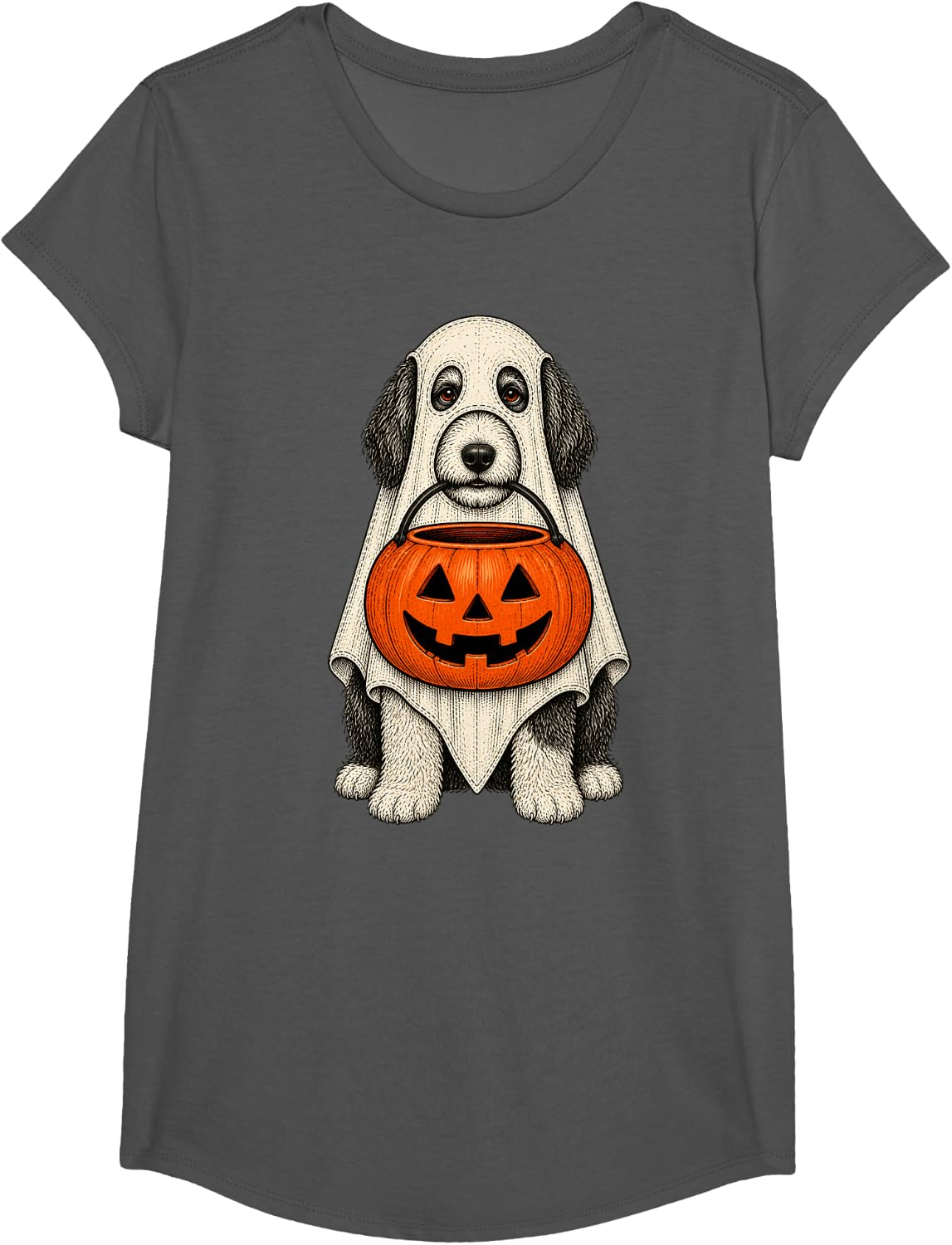 Spooky Sheepadoodle Pumpkin Ghost Halloween Doodle Dog T-Shirt - Girls Asphalt Grey