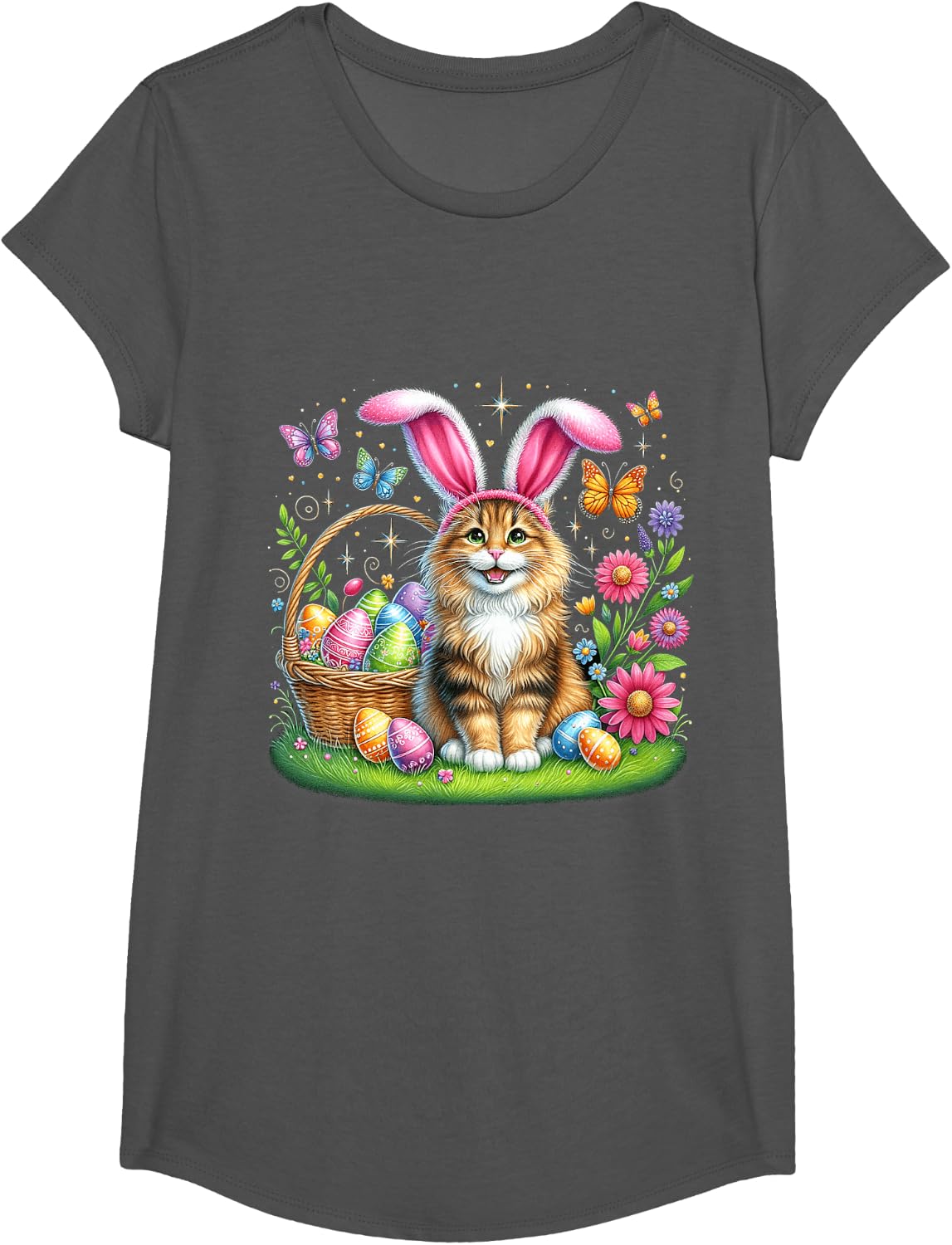 Happy Easter Cute Bunny Norwegian Forest Cat Basket Tee T-Shirt - Girls Asphalt Grey
