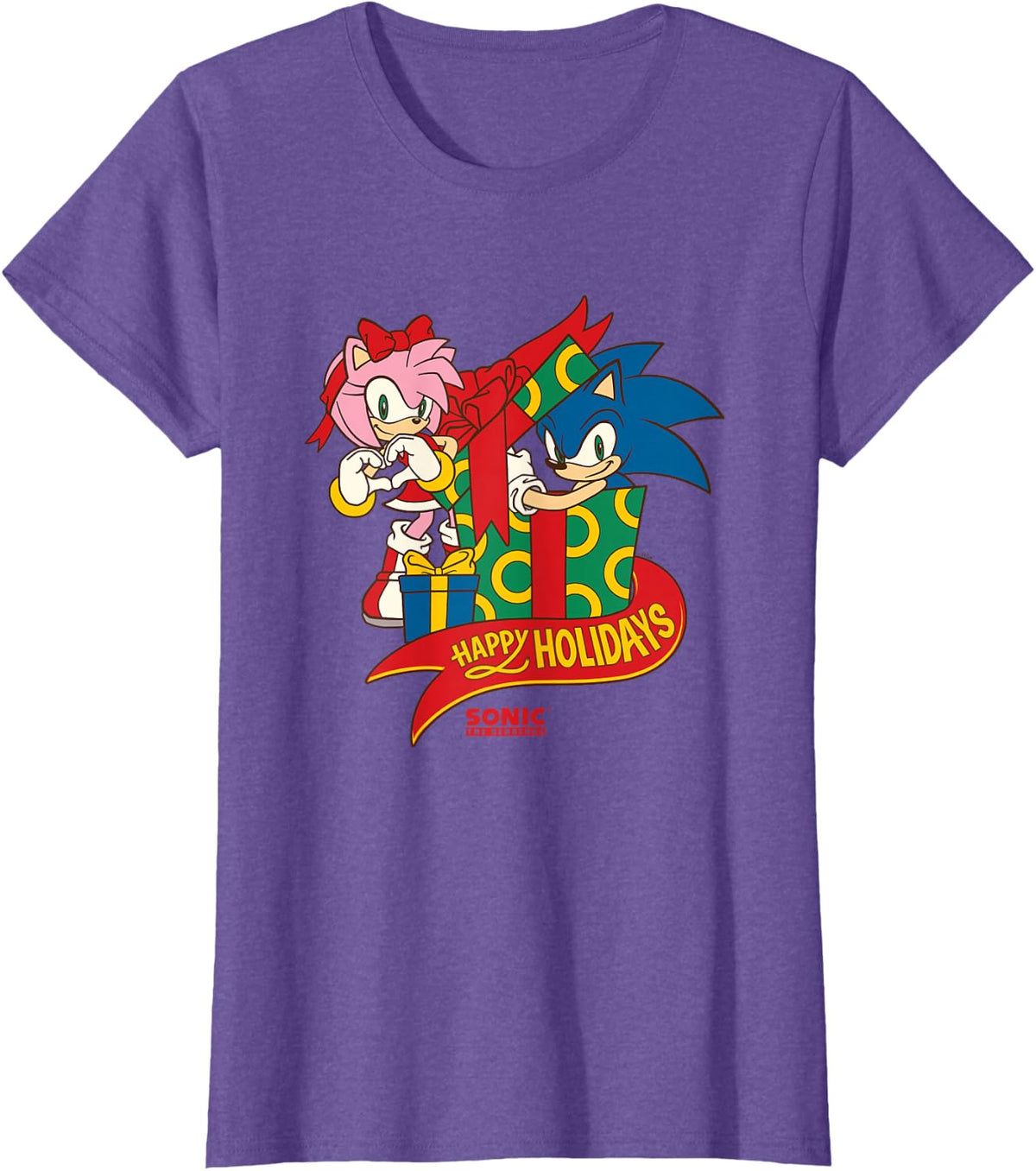 Sonic The Hedgehog Christmas Happy Holidays Sonic & Amy T-Shirt - Purple Heather