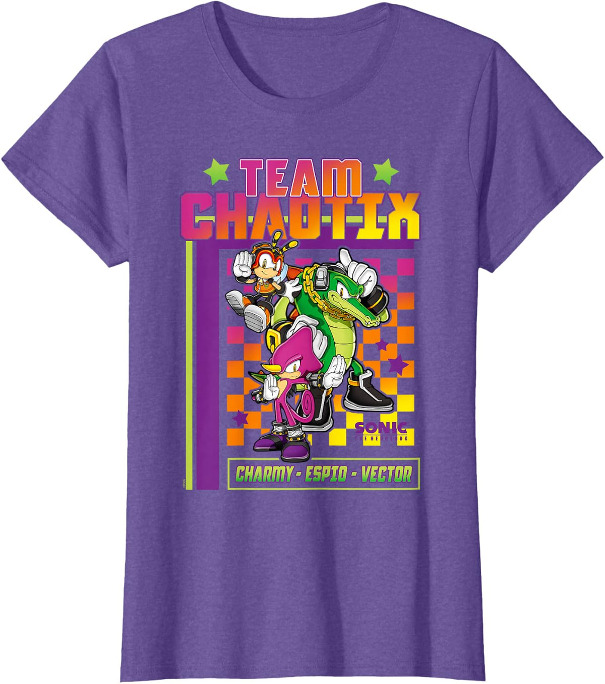 Sonic The Hedgehog Team Chaotix Charmy Espio Vector Logo T-Shirt - Purple Heather