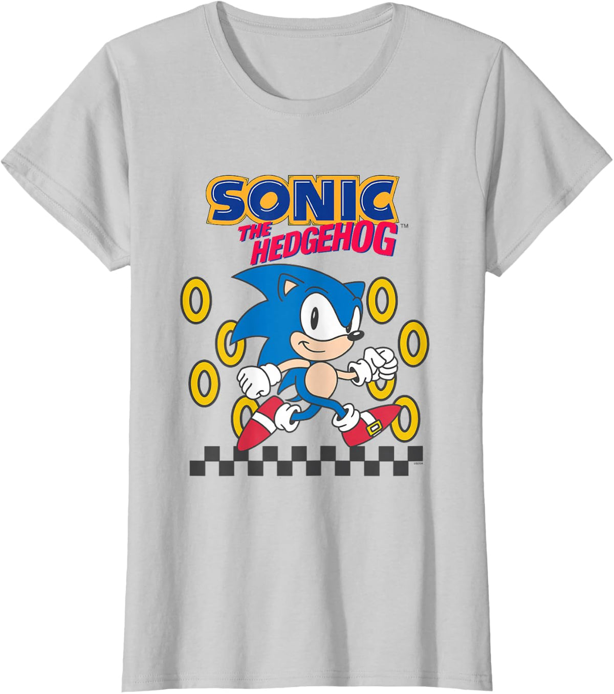 Sonic The Hedgehog Cute Run Through Golden Rings Retro T-Shirt - Silver Grey