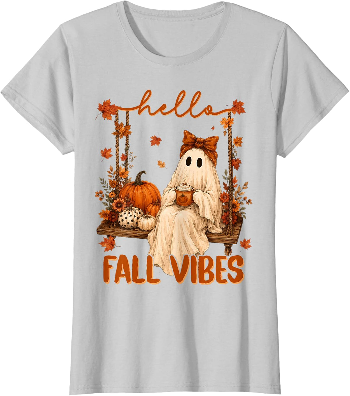 Cute Spooky Ghost Swing Autumn Leaves Halloween Fall Season T-Shirt - Silver Grey