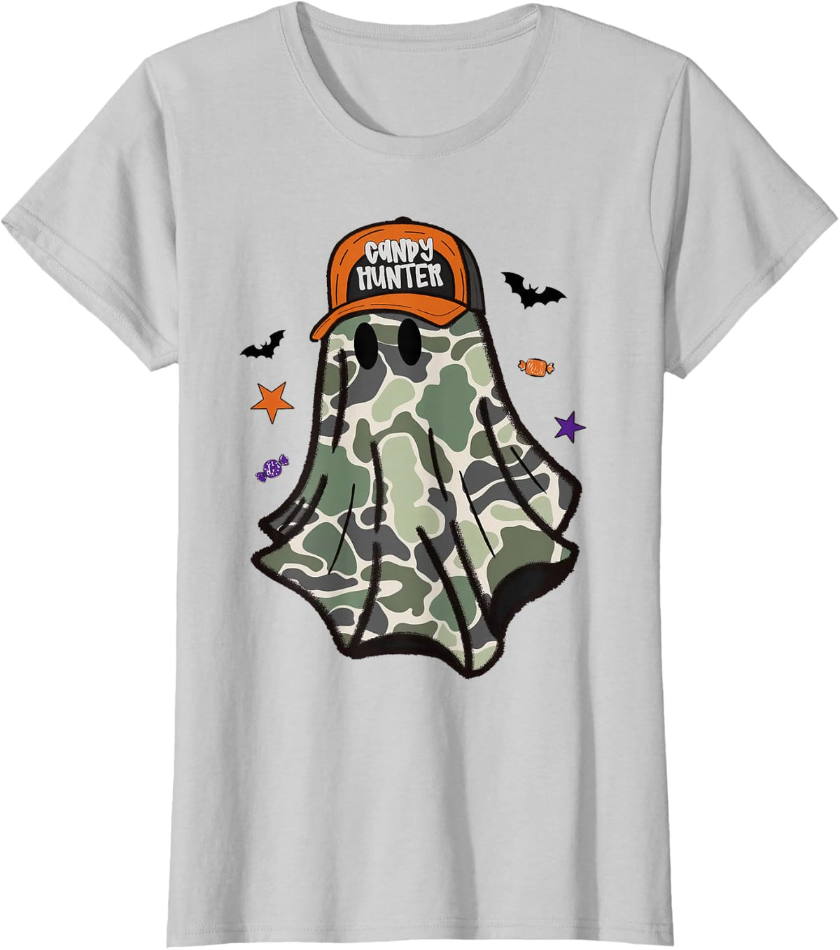 Candy Hunter Camo Ghost Funny Hunting Halloween Cozy Season T-Shirt - Silver Grey