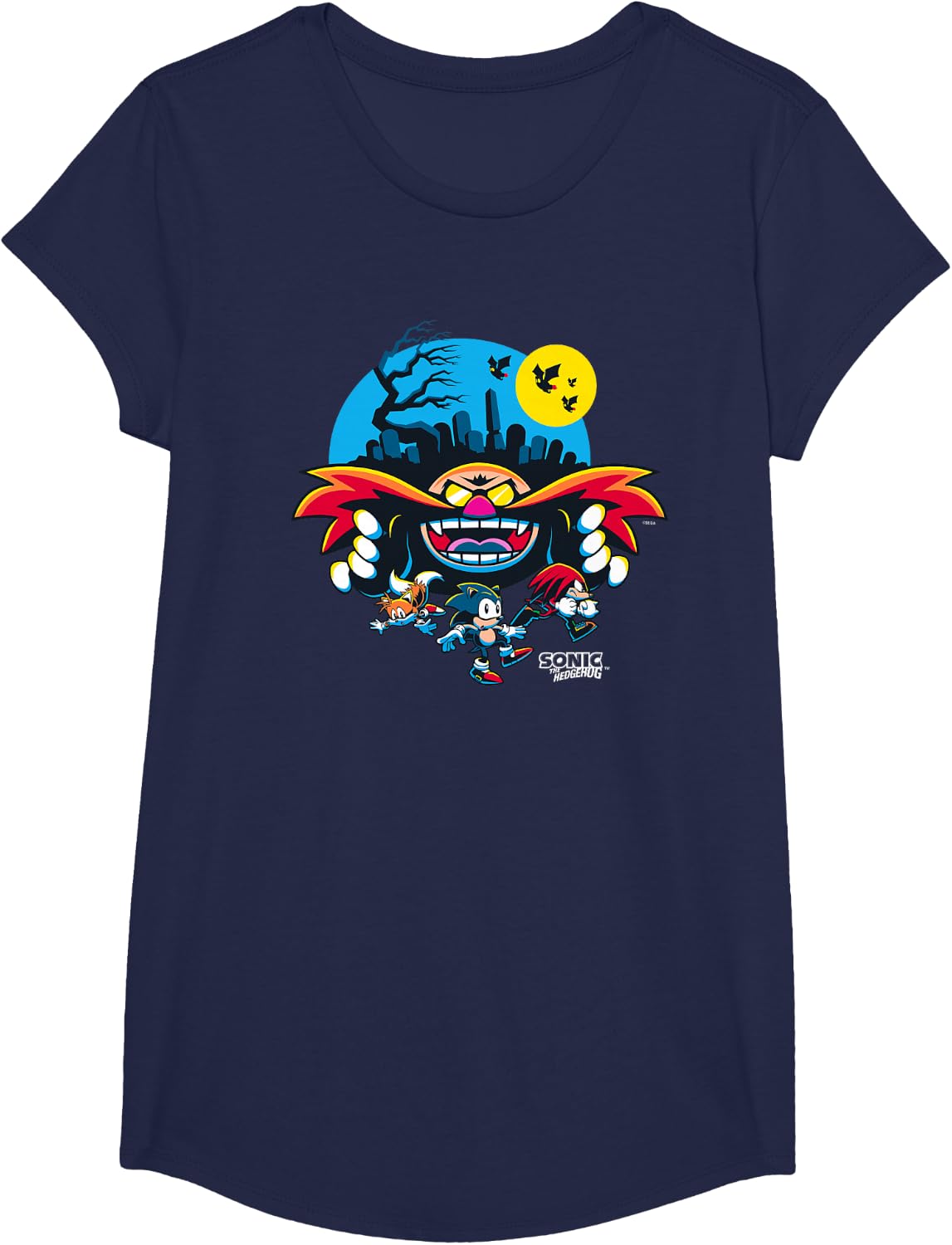 Sonic The Hedgehog Halloween Evil Doctor Eggman Chase Logo T-Shirt - Girls Navy Blue