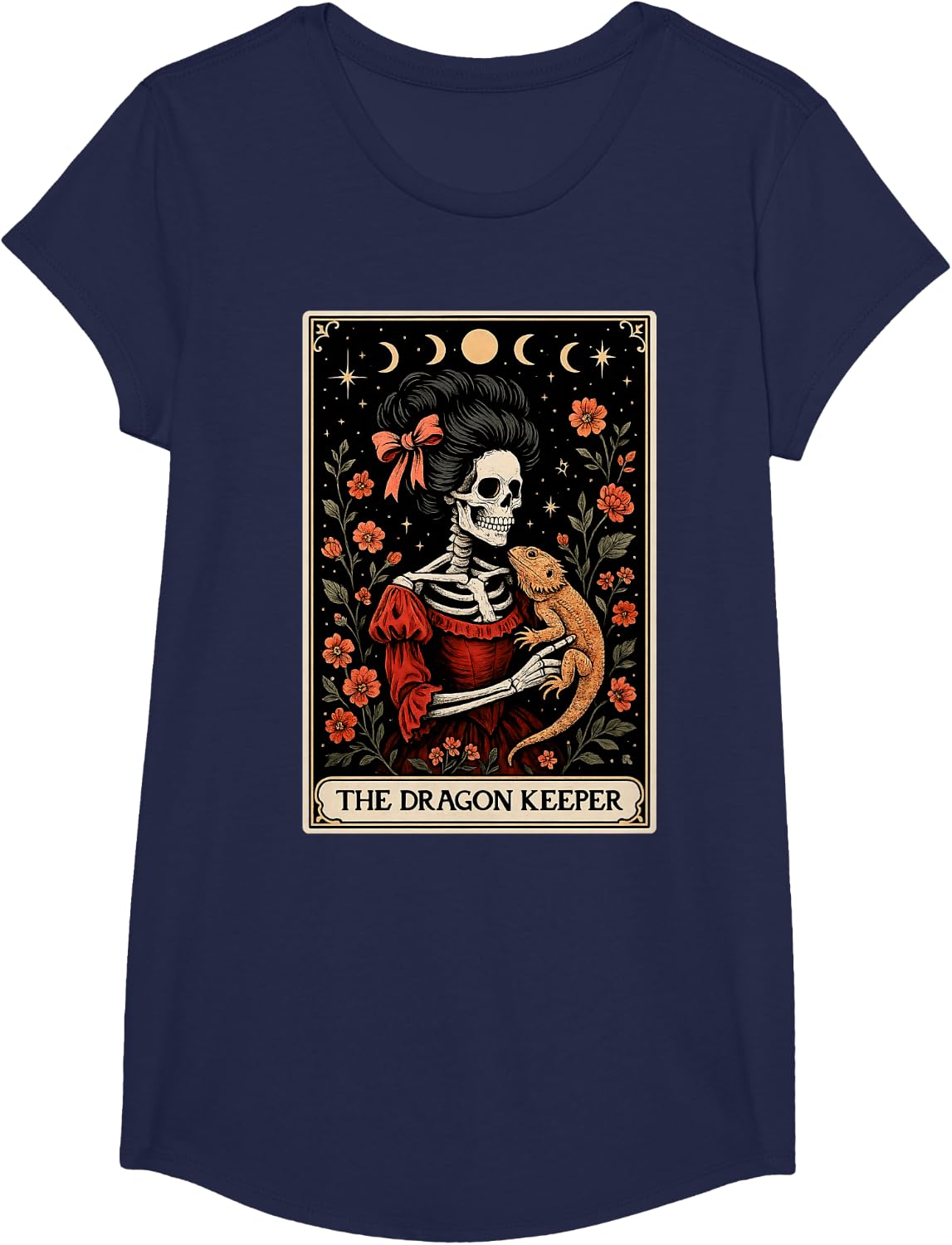 The Dragon Keeper Bearded Dragon Lizard Tarot Card Skeleton T-Shirt - Girls Navy Blue