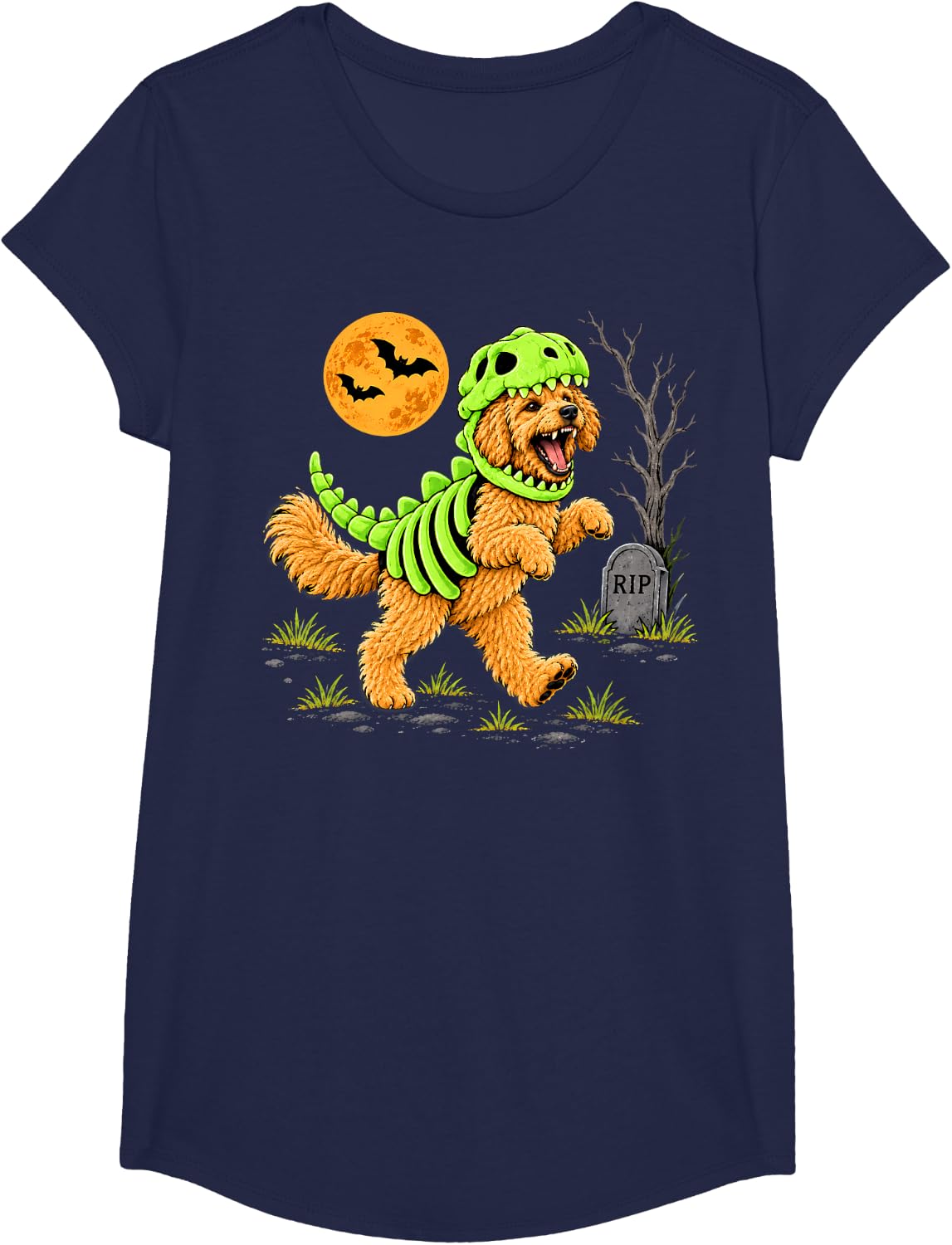 Goldendoodle Halloween Dinosaur Skeleton Spooky Season Kids T-Shirt - Girls Navy Blue