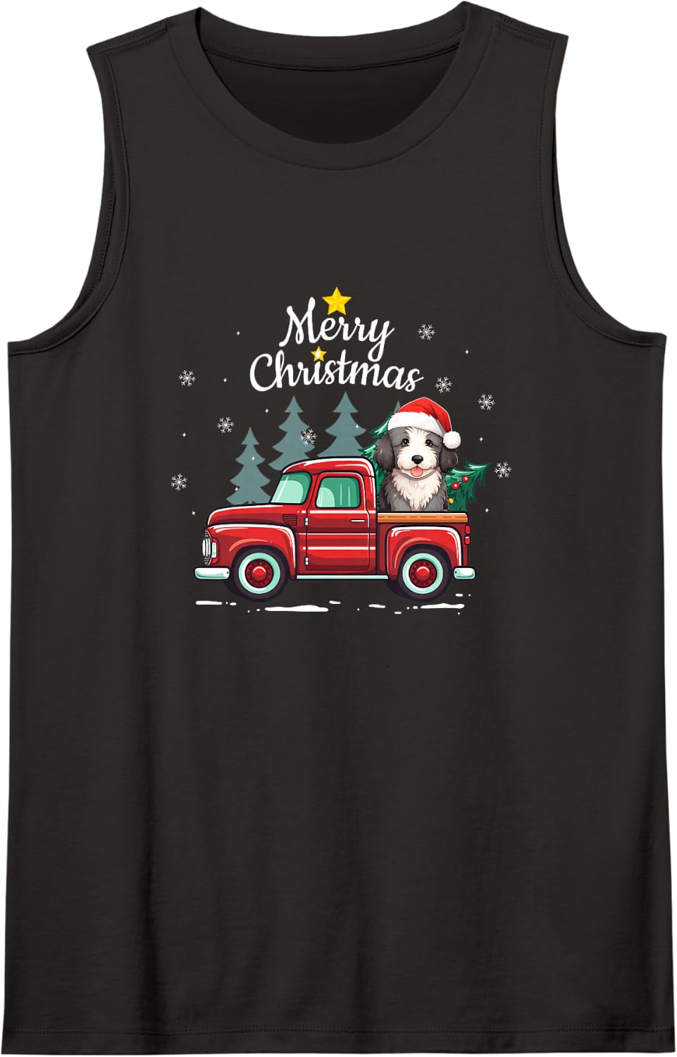 Sheepadoodle Christmas Dog Truck Plaid Funny Xmas Tree Sleeveless Tank Top - Black