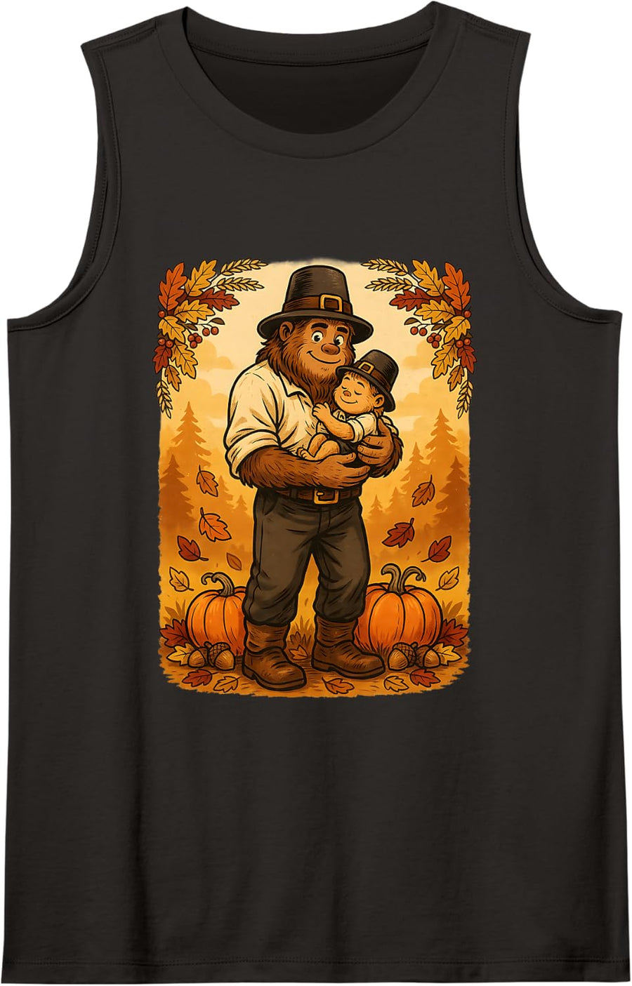 Bigfoot Pilgrim Thanksgiving Sasquatch Dad Family Humor Sleeveless Tank Top - Black