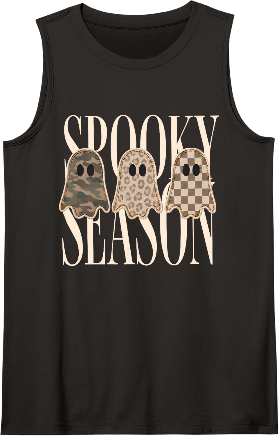 Retro Vintage Spooky Season Leopard Camo Checkered Ghosts Sleeveless Tank Top - Black