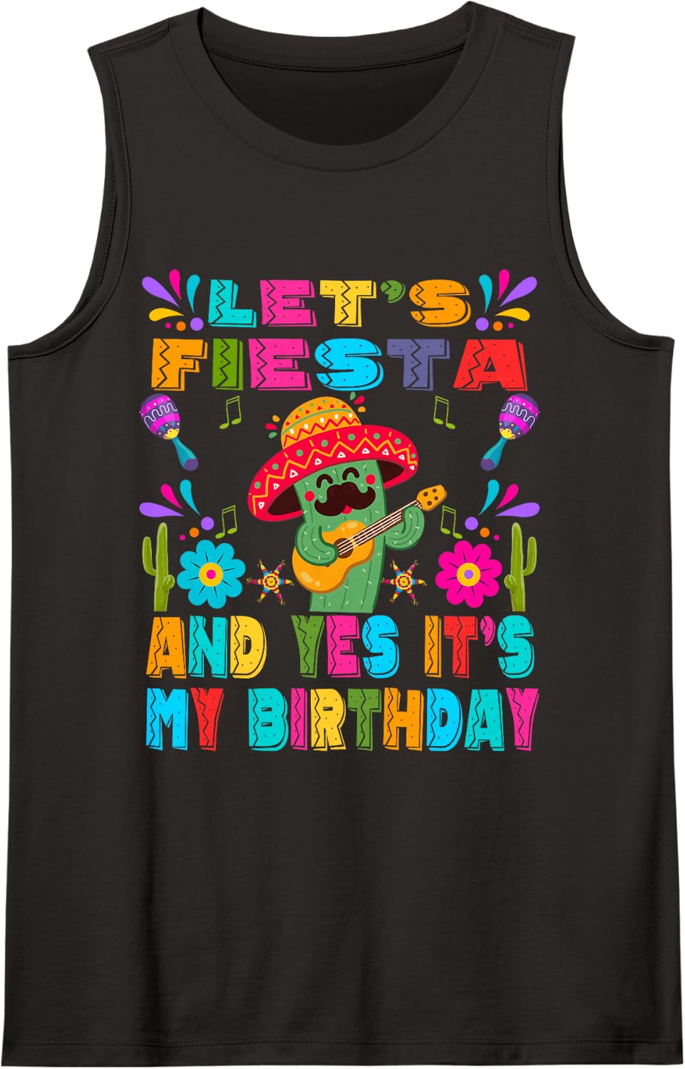 Cinco De Mayo Let's Fiesta Cactus, Mexican Guitar Sombrero Sleeveless Tank Top - Black