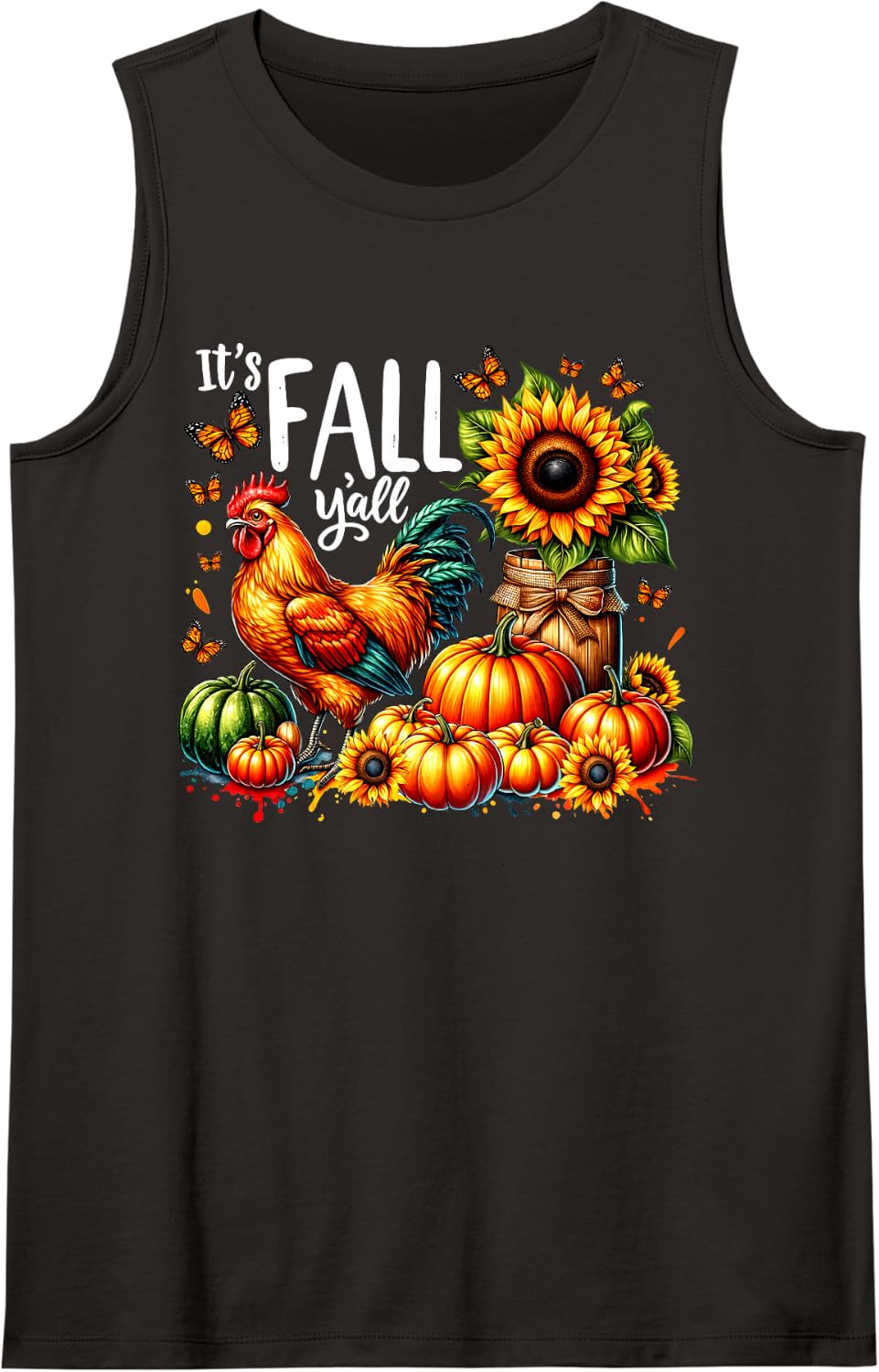 It's Fall Y'all Pumpkin Chicken Sunflower Farmer Autumn Vibe Sleeveless Tank Top - Black