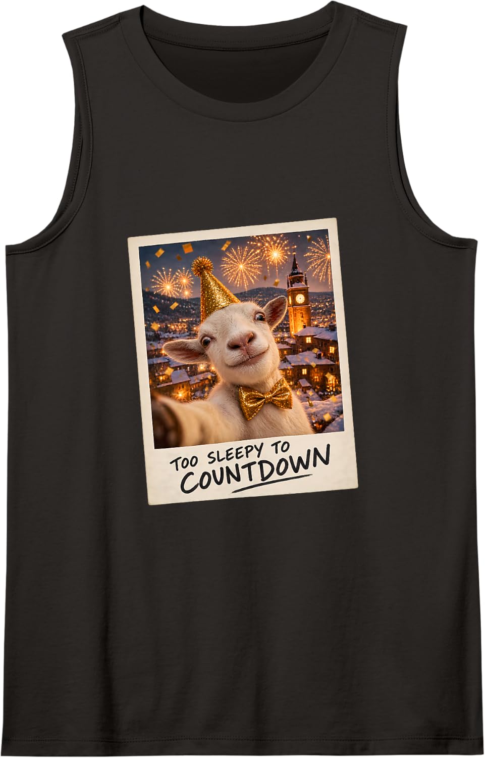 Too Sleepy to Countdown White Goat Selfie NYE Sleeveless Tank Top - Black