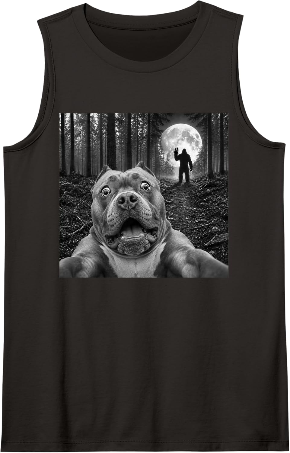 American Bully Selfie with Bigfoot Peace Sign Dog Sasquatch Sleeveless Tank Top - Black