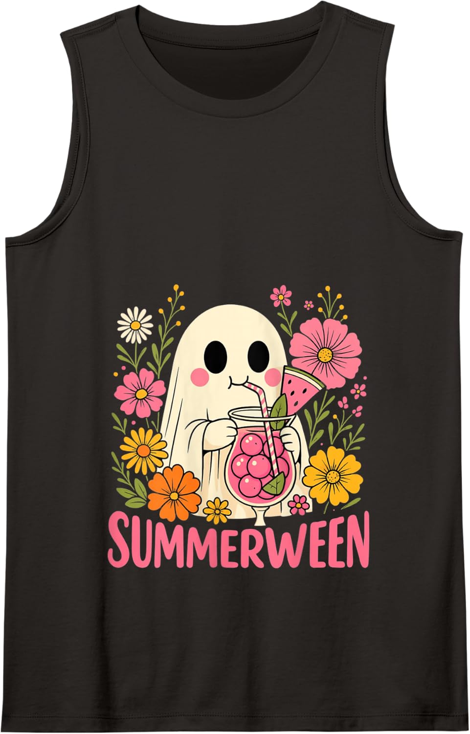 Summerween Funny Ghost Halloween Summer Floral Tank Top - Black