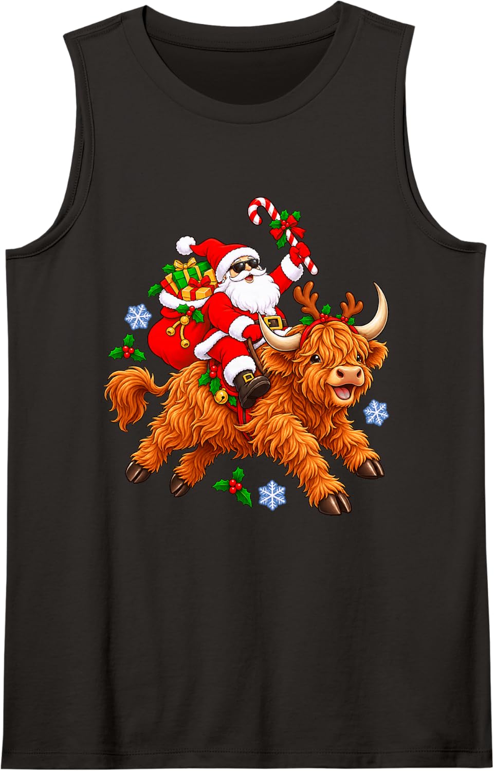 Christmas Santa Happy Highland Cow Holiday Character Graphic Sleeveless Tank Top - Black