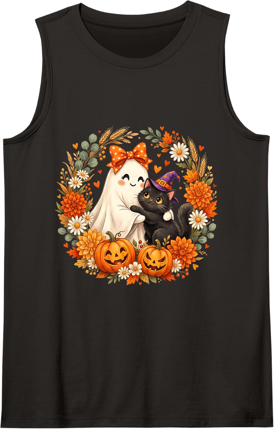 Halloween Cute Ghost Black Cat Costume Spooky Season Tank Top - Black