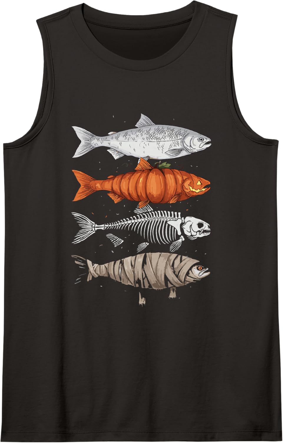 Halloween Fish Ghost Pumpkin Skeleton Mummy Trout Sleeveless Tank Top - Black