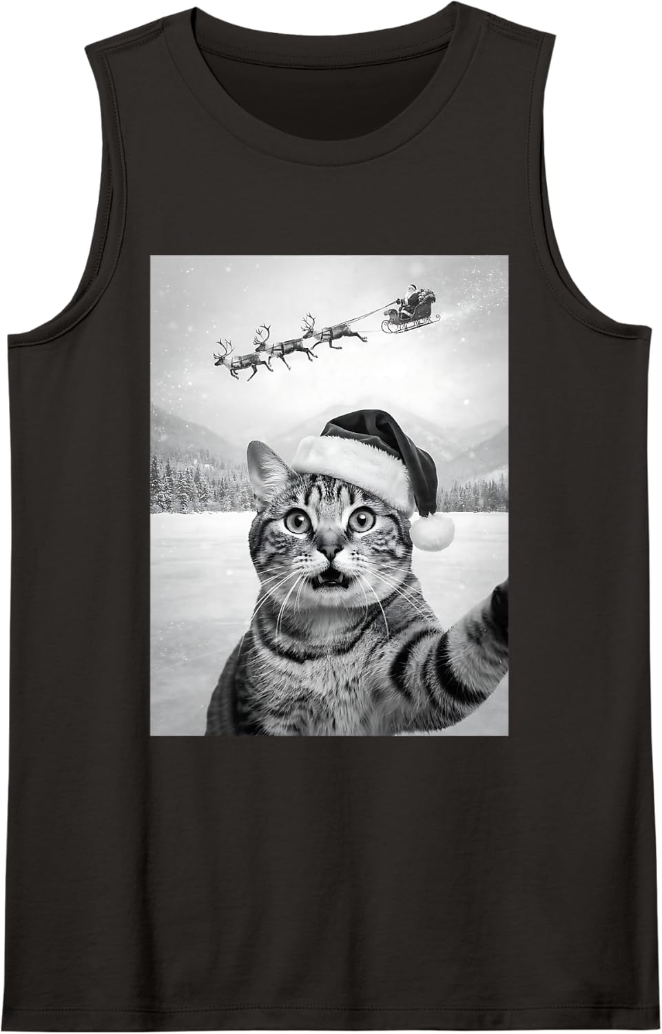 Funny Cat Christmas Selfie with Santa Sleigh Kitty Lover Sleeveless Tank Top - Black
