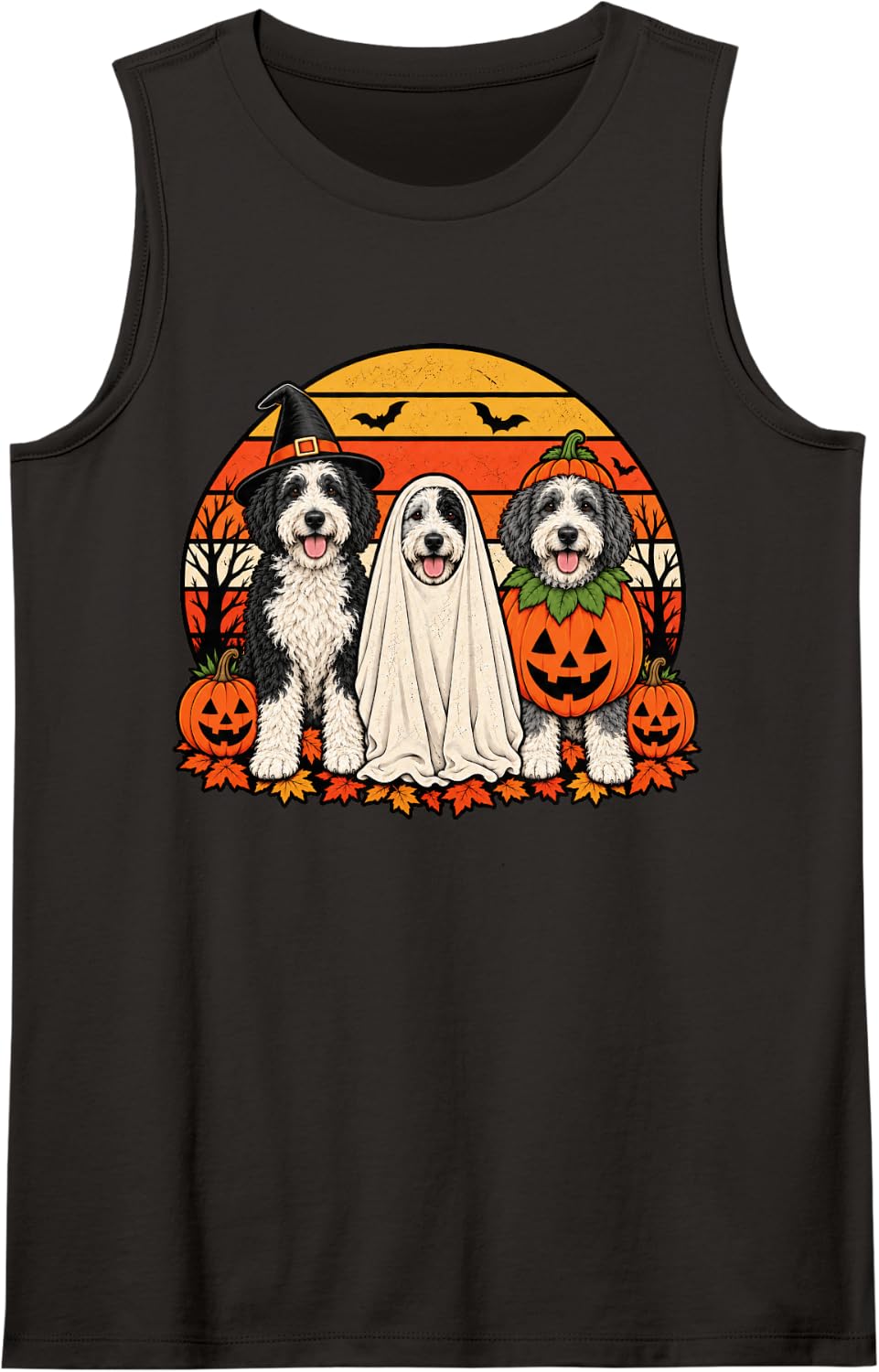 Spooky Sheepadoodle Pumpkin Ghost Halloween Doodle Dog Lover Sleeveless Tank Top - Black