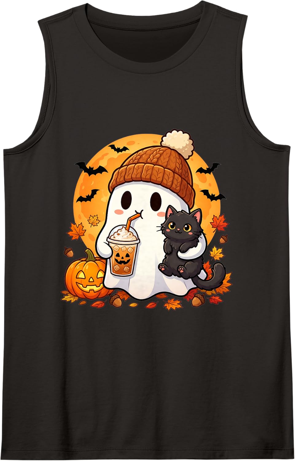 Halloween Ghost Black Cat Iced Coffee Pumpkin Fall Autumn Sleeveless Tank Top - Black