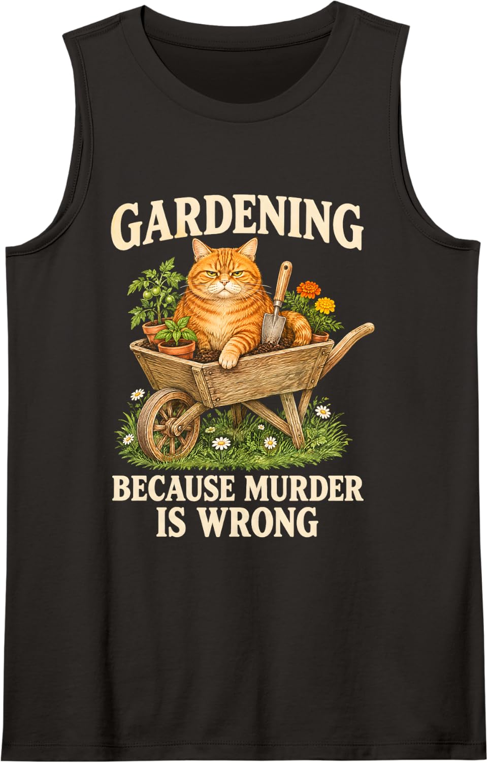 Gardening Because Murder is Wrong Funny Cat Gardener Sleeveless Tank Top - Black