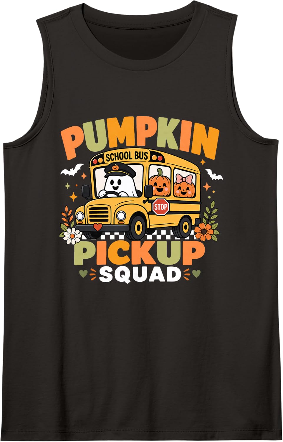 Pumpkin Pickup Squad Halloween Ghost School Bus Driver Sleeveless Tank Top - Black