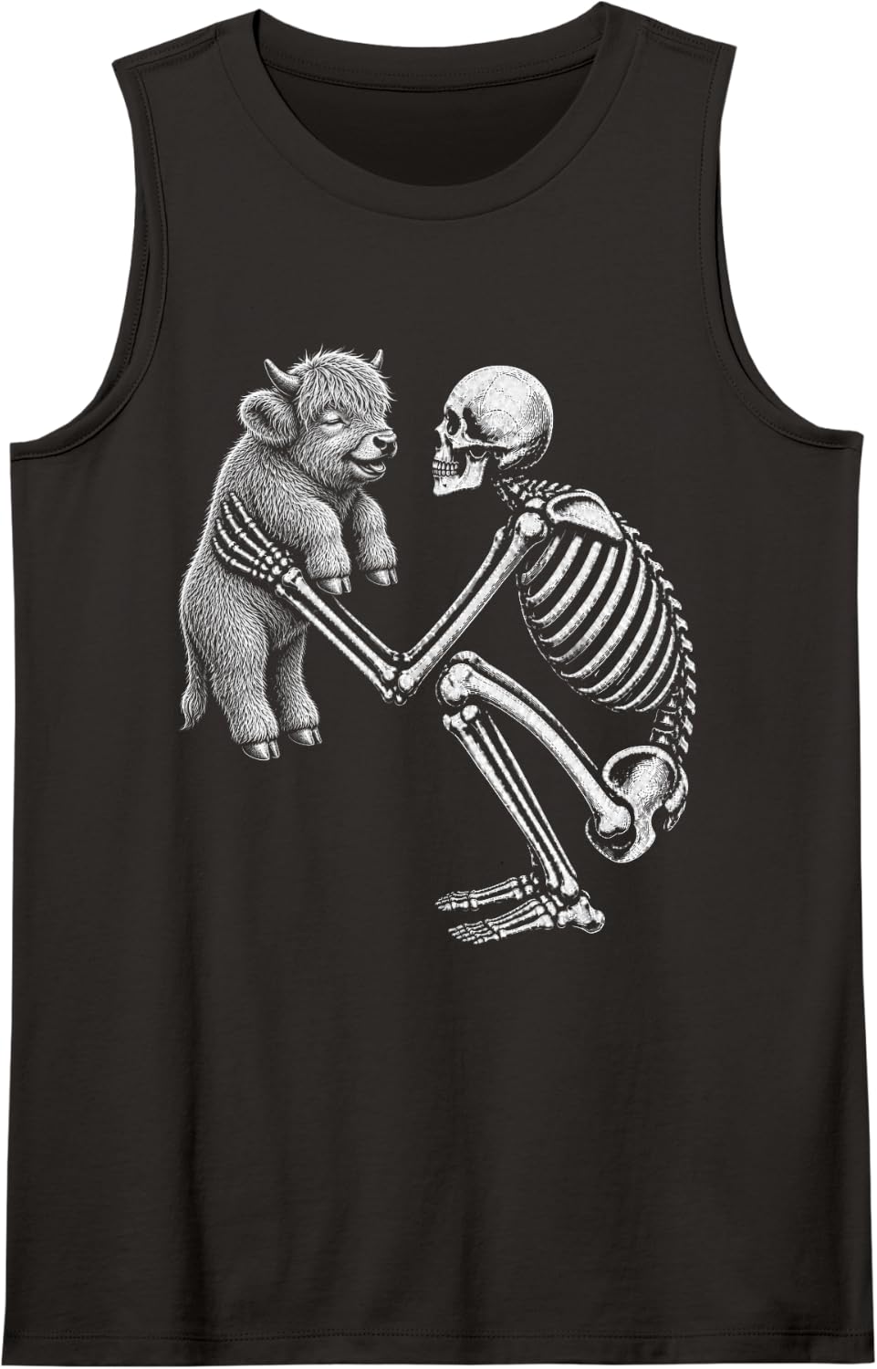 Skeleton Holding Scottish Highland Cow Retro Halloween Sleeveless Tank Top - Black